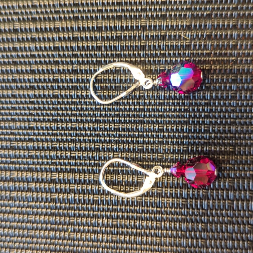 Iridescent Red Drop Lever Back Earring